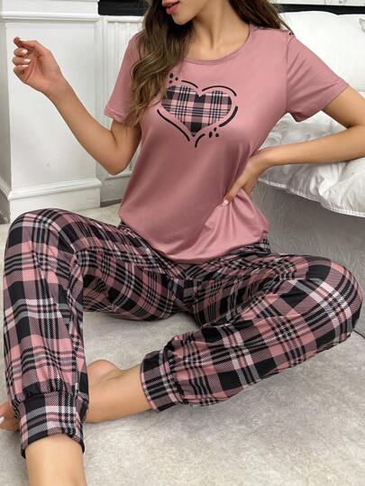 Plaid Heart Print Short Sleeve Top And Plaid Cuffed Pants Pajama Set