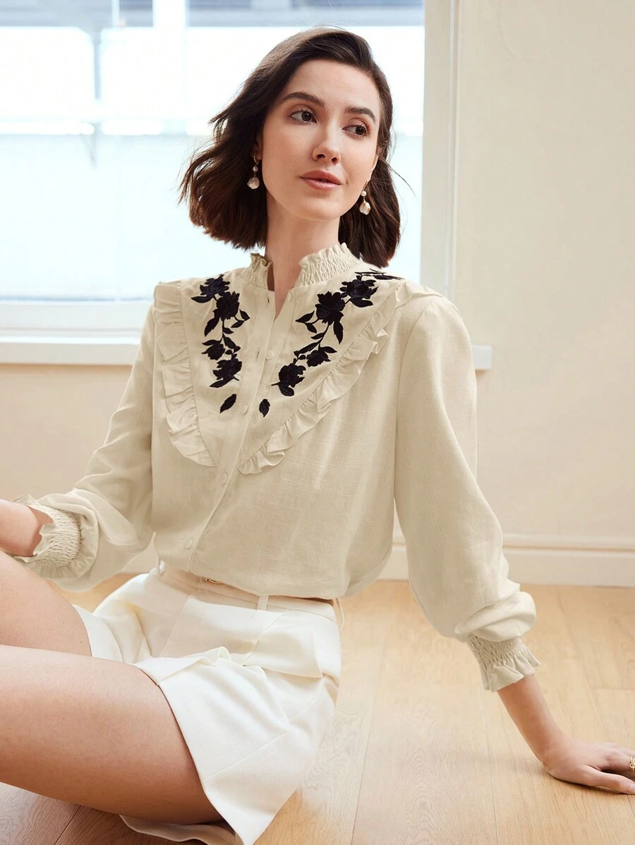 MOTF PREMIUM LINEN CONTRAST EMBROIDERY FLORAL SHIRRED FRILL MOCK NECK FLARE SLEEVE BLOUSE