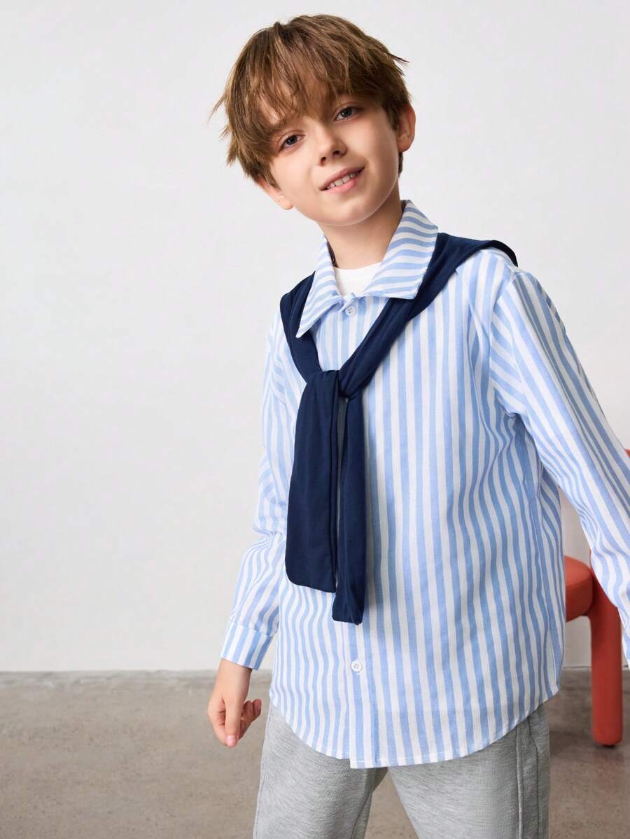 2pcs/Set Tween Boy Casual Striped Collared Button-Up Woven Shirt With Shawl, Long Sleeve