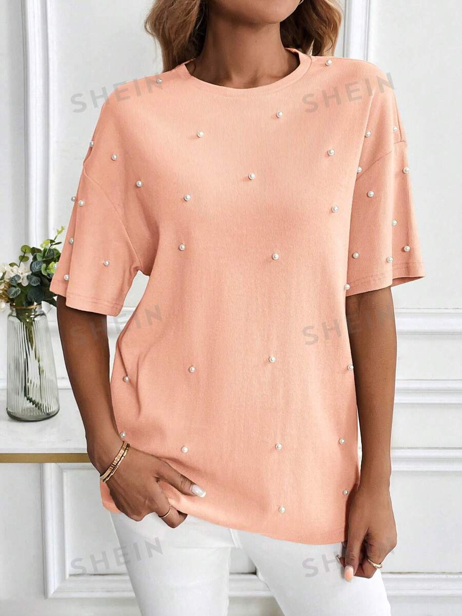 SHEIN LUNE Camiseta tipo murciélago extragrande con adornos de lentejuelas con diseño de copos de nieve
