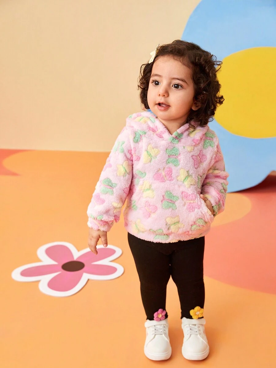 SHEIN 2pcs Baby Girls' Floral Print Hoodie Sweatshirt And Pants Set With 3D Small Flowers, Cute Outfit For Outdoor