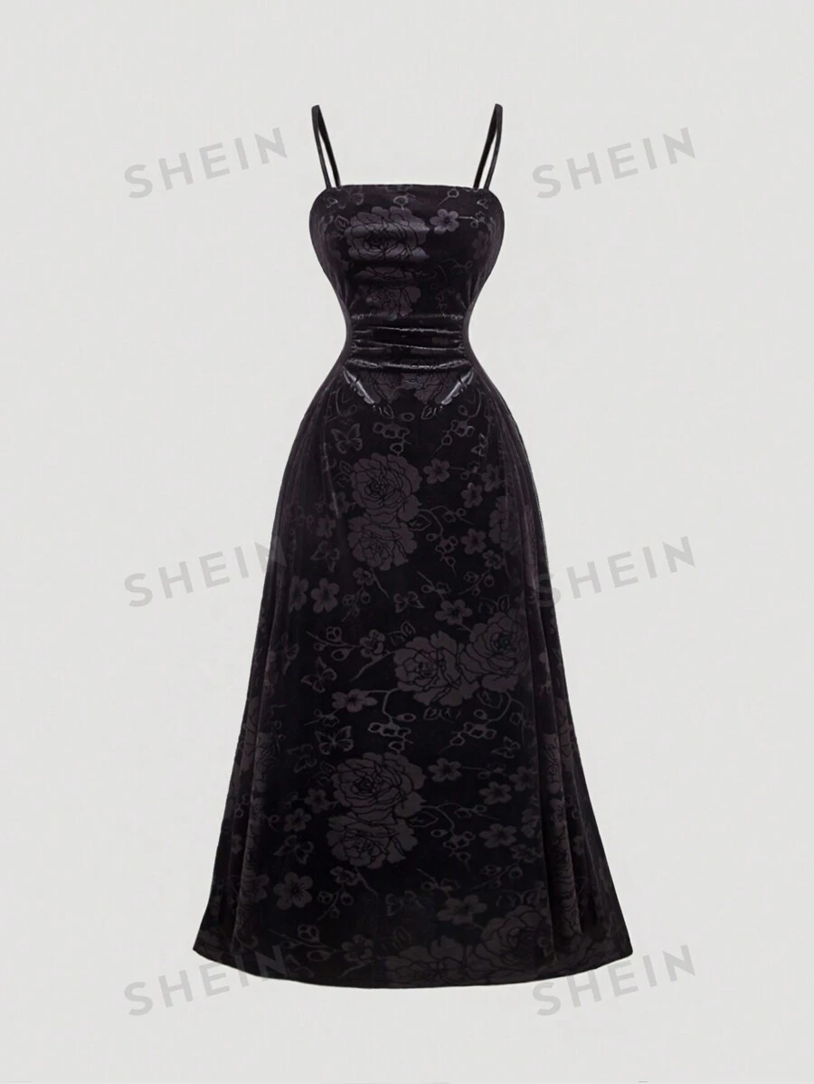 SHEIN MOD Vestido negro plisado de terciopelo con tirantes para mujer de talla grande, vestido de graduación negro, vestido de terciopelo, vestido para feria del renacimiento, ropa de bruja, vestidos elegantes para mujer, vestido de vampiro
