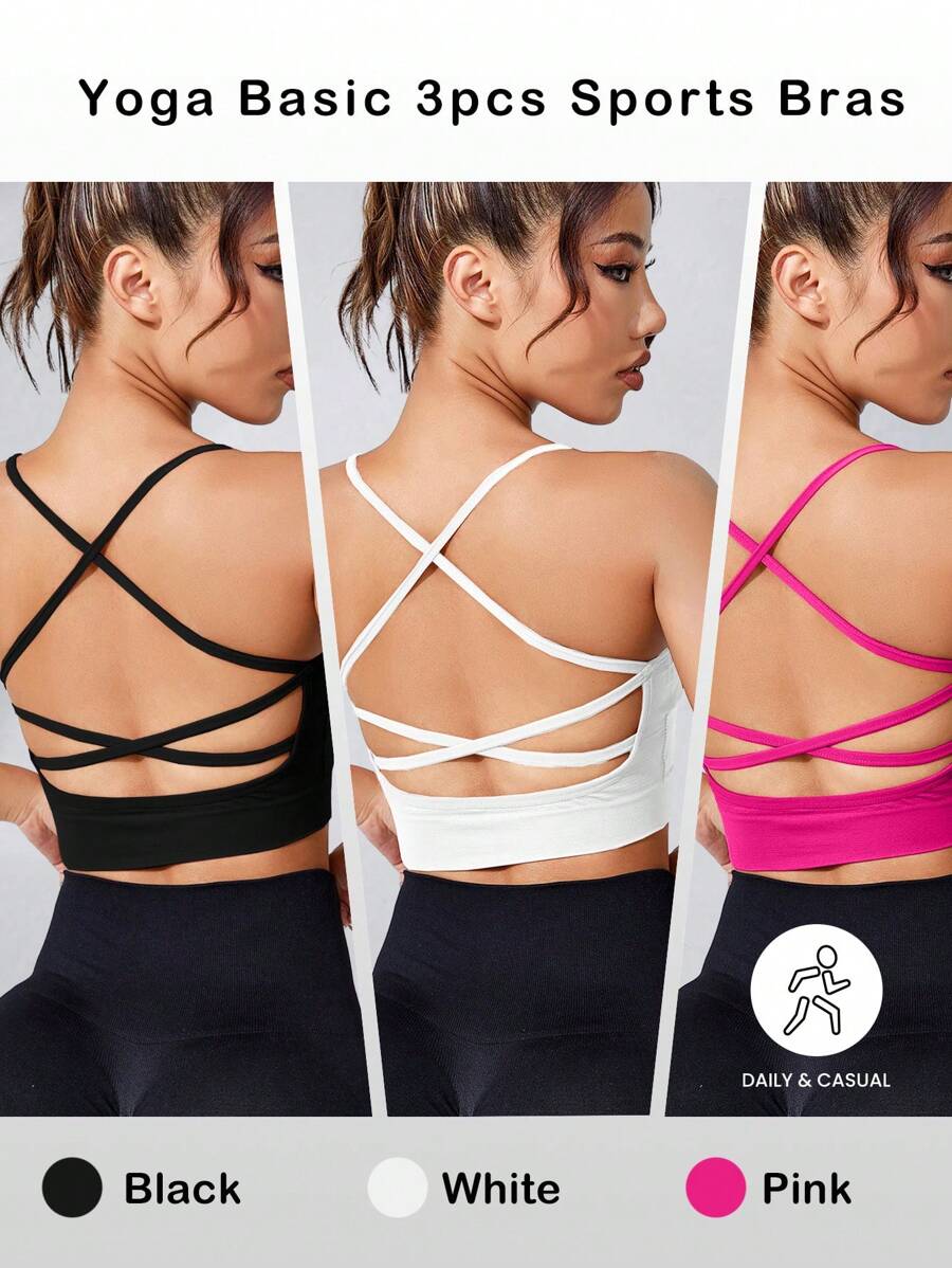 SHEIN Sport Studio 3pcs Solid Crisscross Back Sports Bra