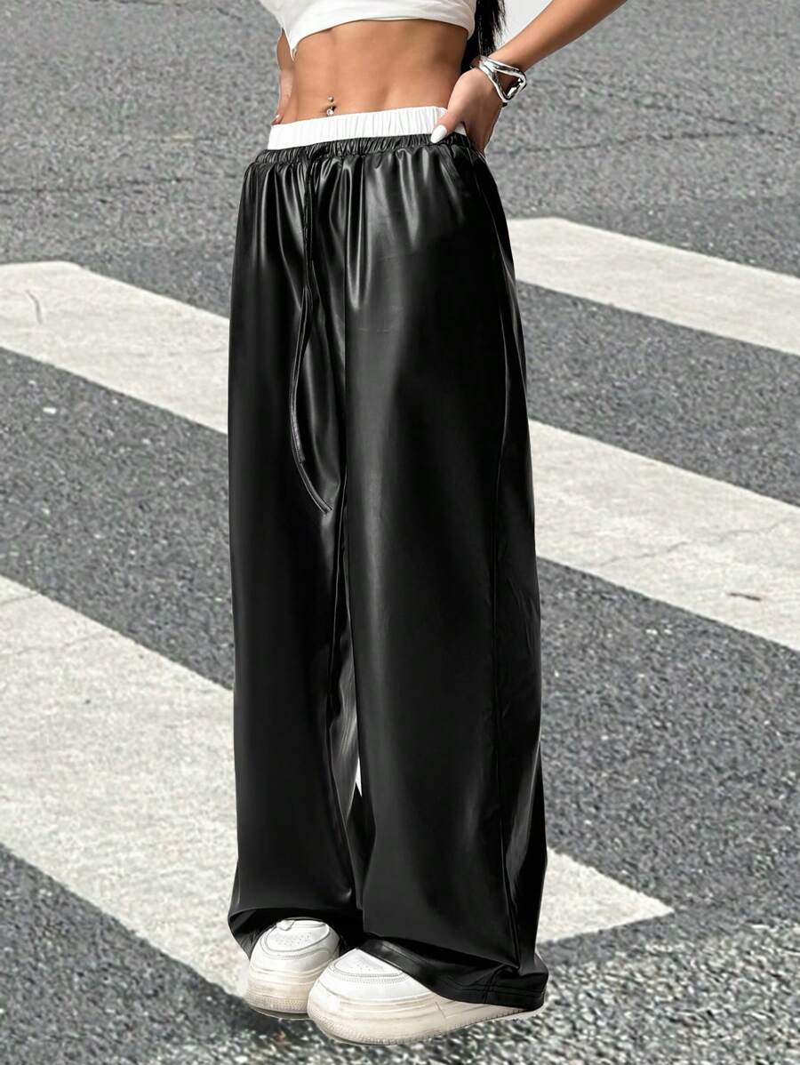 SHEIN EZwear Women's Contrast Color Lace-Up Leather Wide-Leg Casual Leather Pants