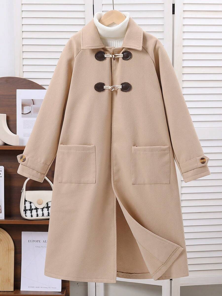 Tween Girls Autumn Winter Collegiate Style Knitted Coat, Long Knitted Trench With Horn Buttons For Girls