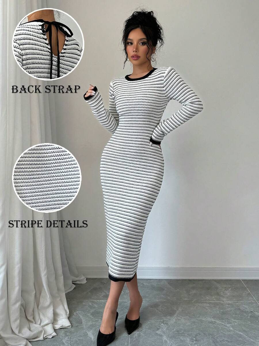 Calvaya Women's Backless Tied Strap Striped Form-Fitting Knitted Bodycon Sweater Dress