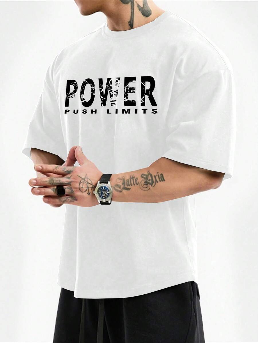 Manfinity Fitness Boyfriend Style Men's Round Neck Short Sleeve Letter Print Casual Sports T-Shirt Workout Tops Gym Top Breathable