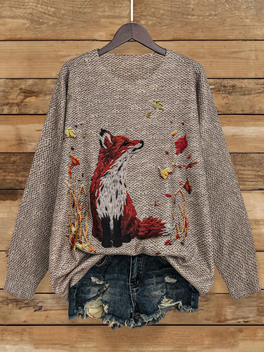 Linhara Plus Size Women's Fox Pattern Crew Neck Loose Knitted Sweater, For Winter