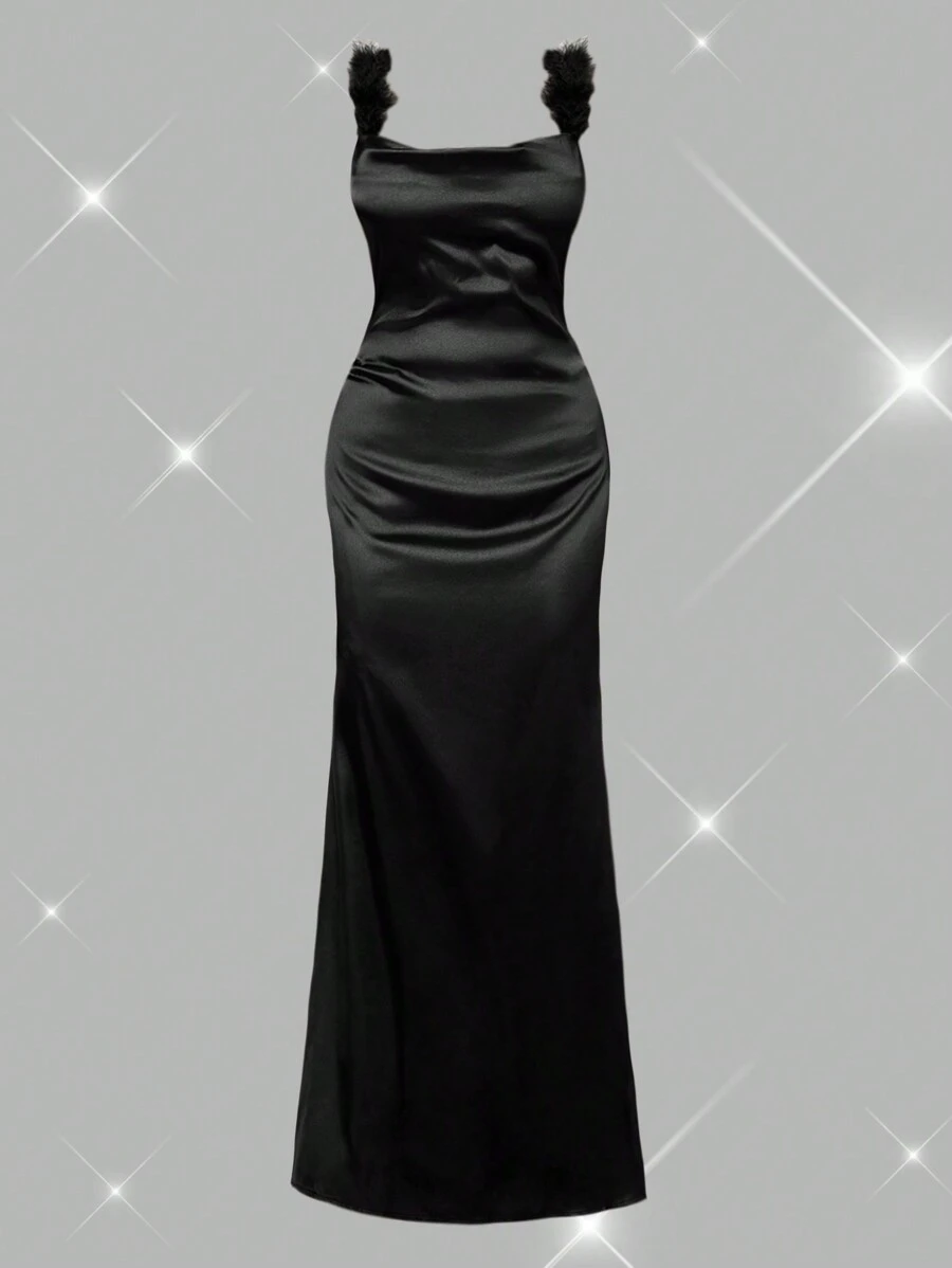SHEIN Belle Shein Belle Women's Ball Solid Color Off-Shoulder Evening Dress, Shoulder Straps Are Sewn With Fur Strips, Comfortable, Simple And Fashionable, Elegant Prom Semi Formal Dress, For Birthday, Wedding Guest, Graduation Homecoming
