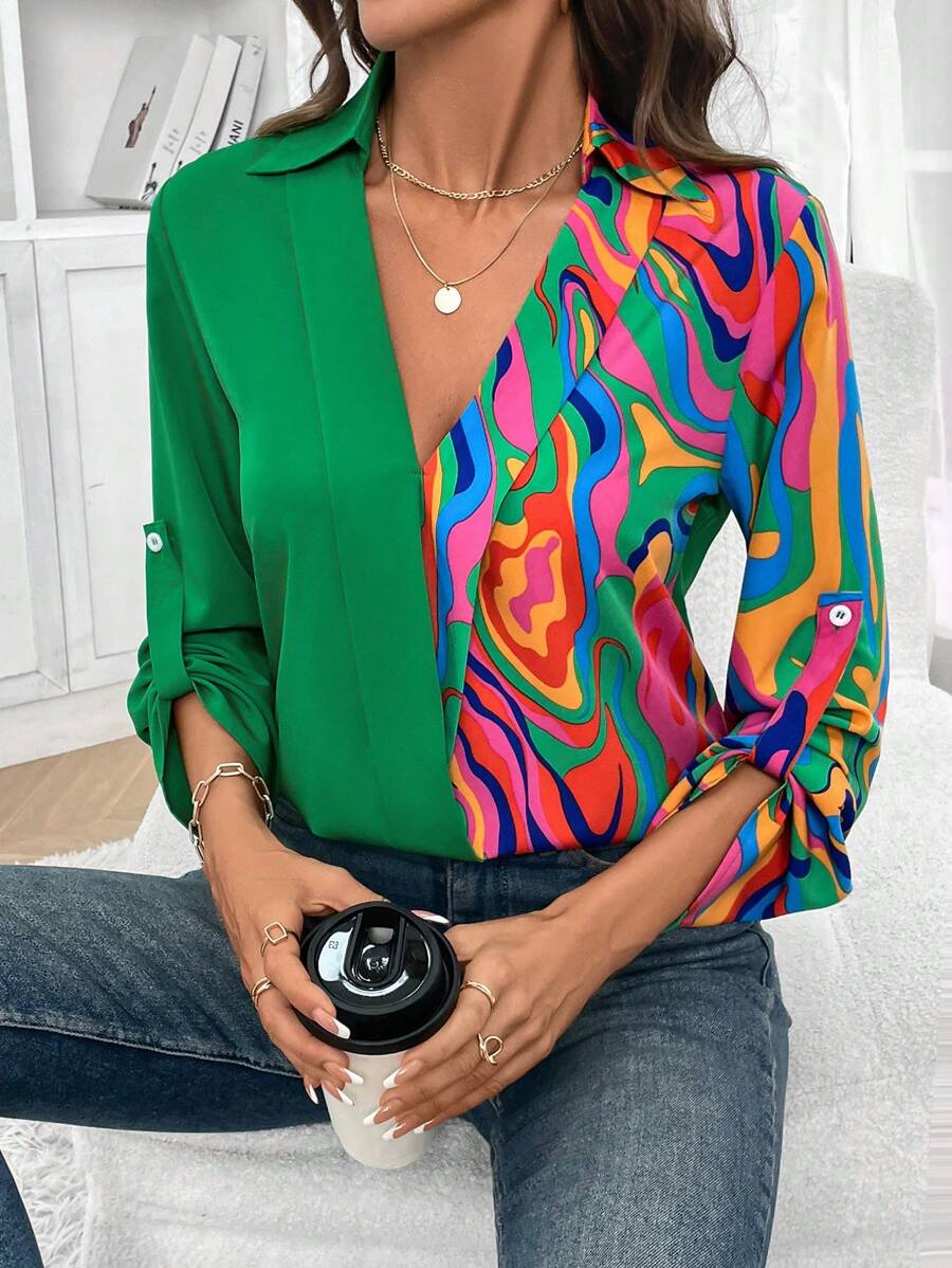 SHEIN Clasi Blouse longue manches à col châle avec bloc de couleurs à motif vague (imprimé aléatoire) pour femmes