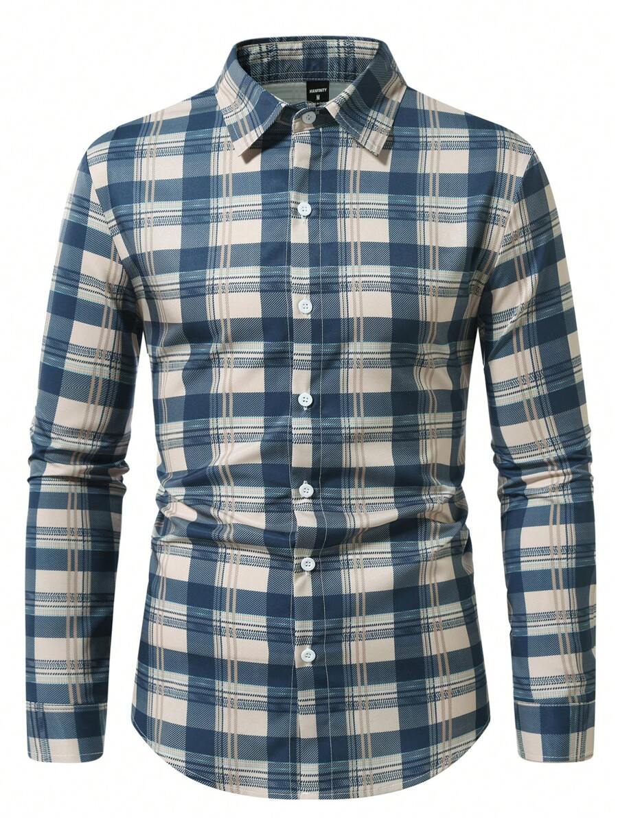 Manfinity Homme Men's Long Sleeve Casual Plaid Graphic Collar Shirt, For Going Out