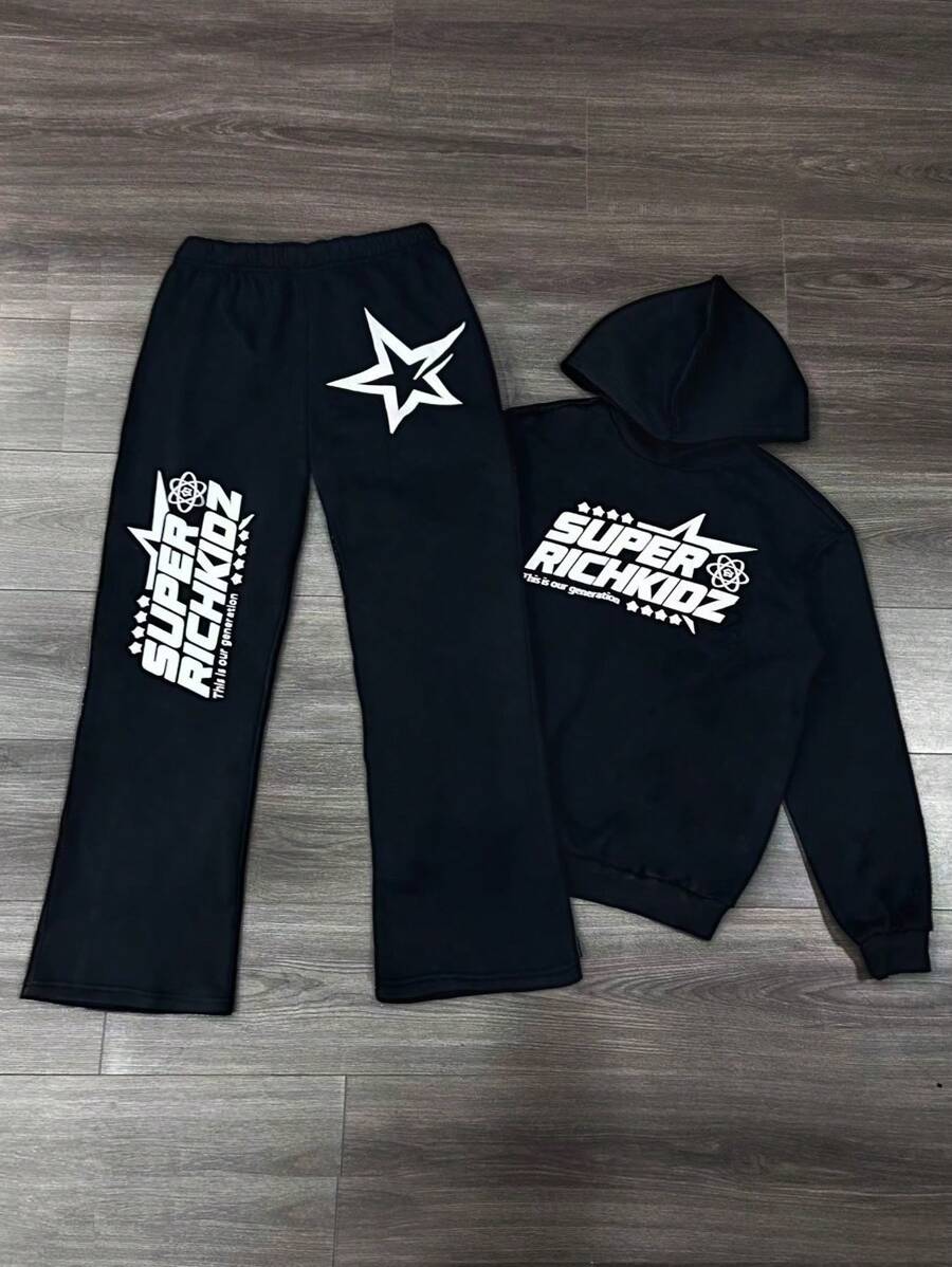 Manfinity Dauomo Men's Star & Letter Print Hoodie And Sweatpants Set