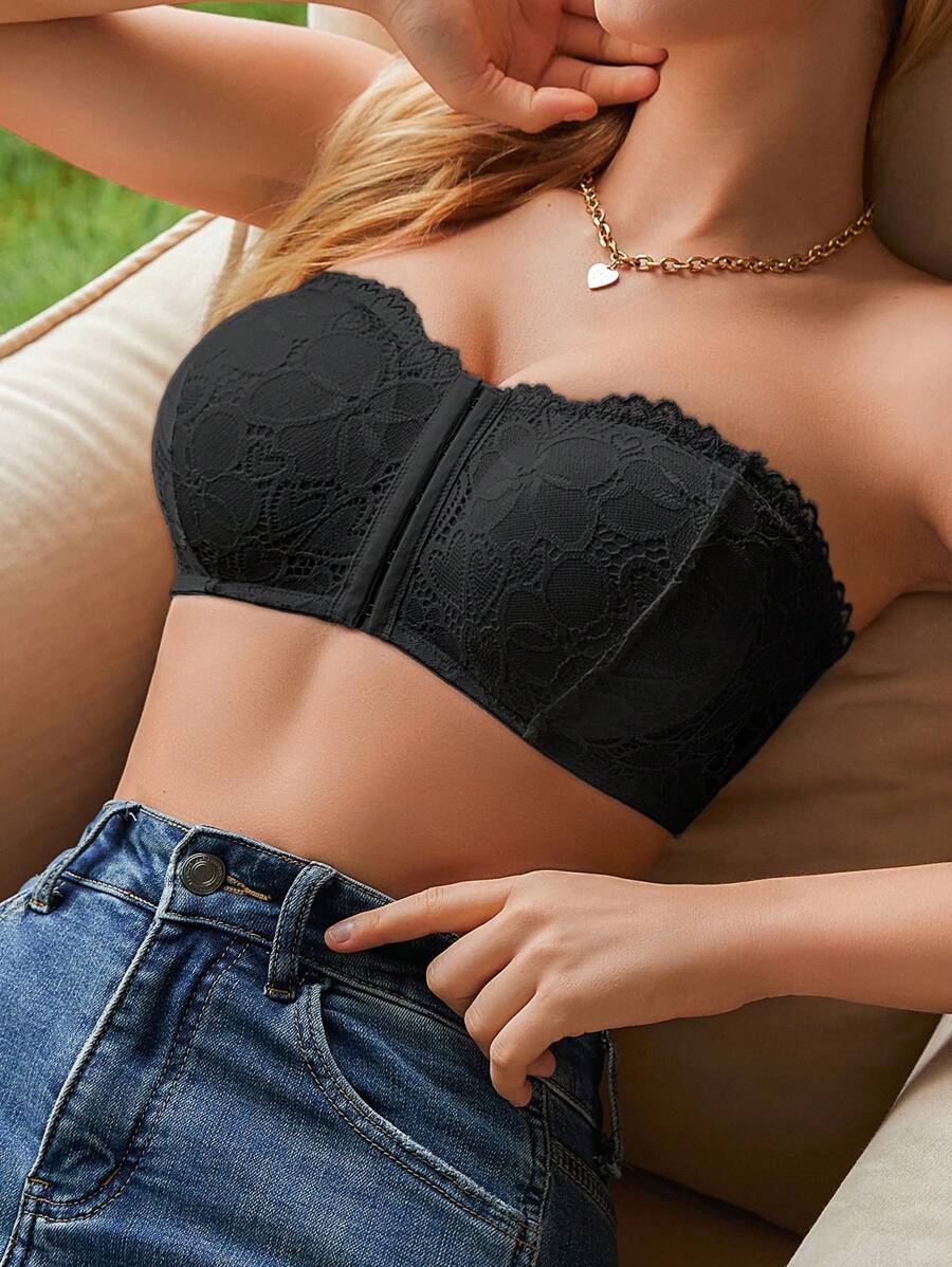 1 pièce Soutien-gorge sans armatures avec fermeture à crochet avant en dentelle pour femme mature