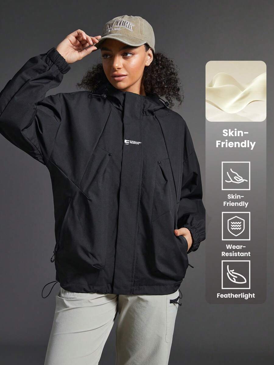 Exploreva Solid Color Front Zip Up Letter Printed Minimalist Sports Jacket, Casual Daily Wear