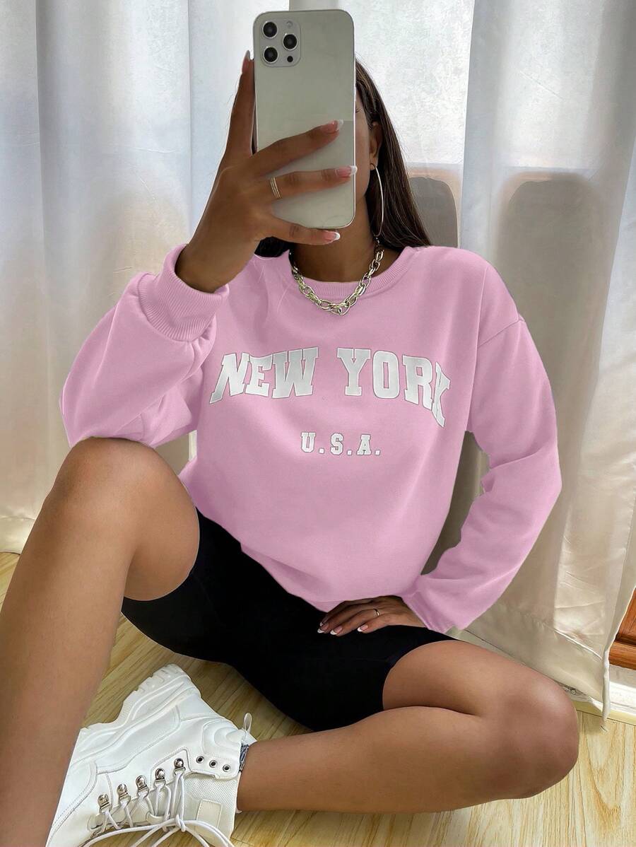 Flirla Women's Casual Letter Print Drop Shoulder Round Neck Sweatshirt, Spring/Autumn