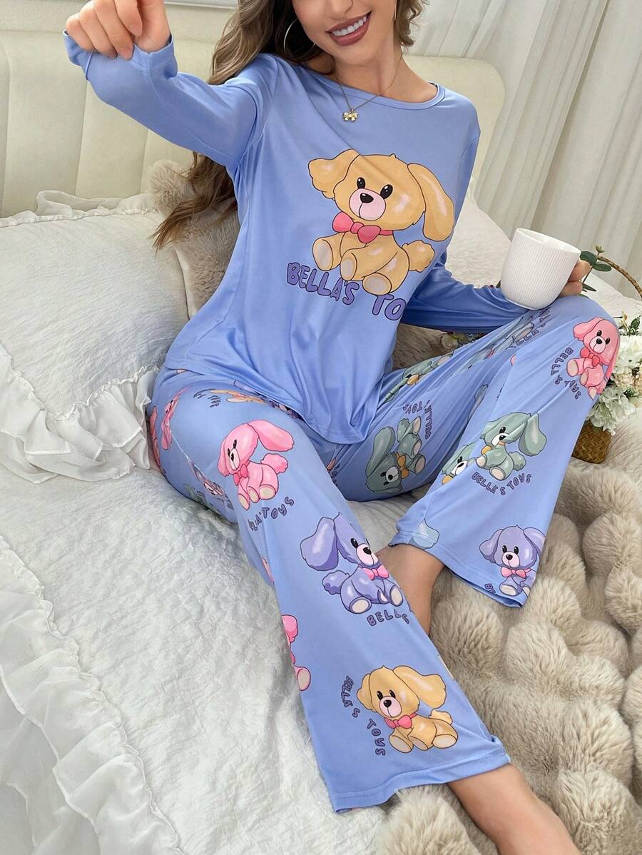 1 conjunto Pijama de mujer con parte superior de manga larga de cuello redondo y pantalones con estampado de perros