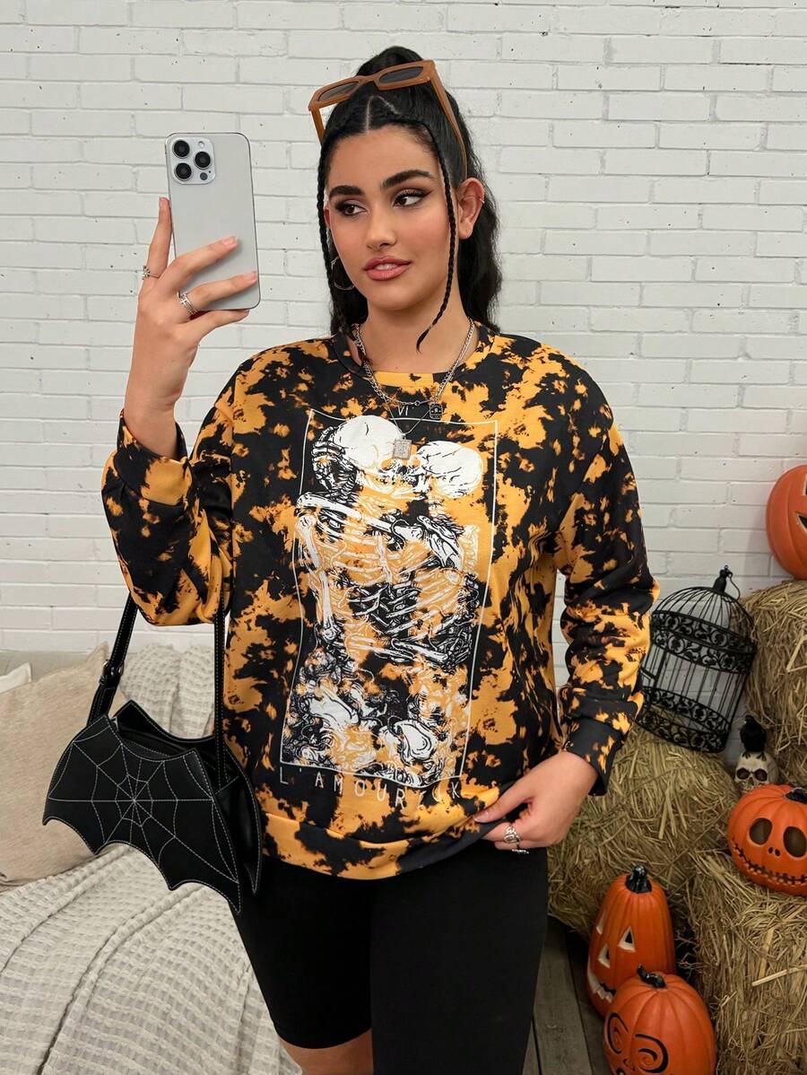 Deniart Artist Plus Size Women's Casual Long Sleeve Crew Neck Tie-Dye Loose Sweatshirt, For Halloween, For Holiday, Vacation, Festival, For Workout, Ibiza Fits, Western Wear