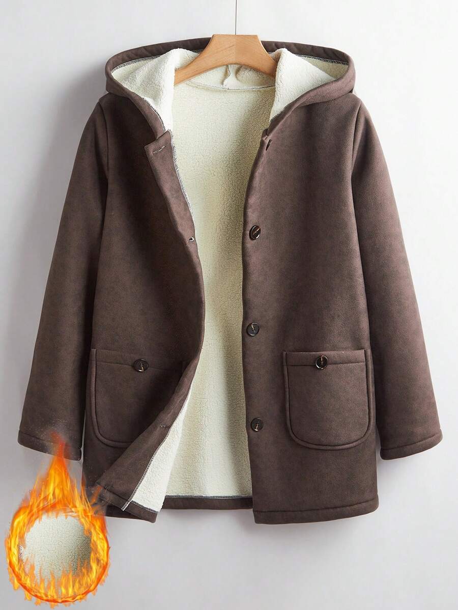 SHEIN EZwear Chaqueta casual para mujer con capucha, abotonadura, manga larga, de un solo color, revestida
