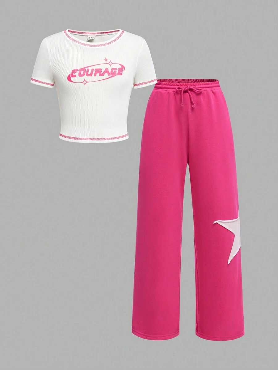 SHEIN Ensemble Top à col ras du cou en maille à manches courtes et pantalon droit pour fille préadolescente, décontracté