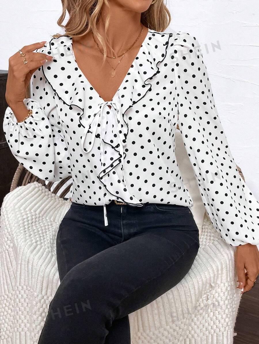 SHEIN Clasi Blusa elegante con cuello de volantes de contraste negro, manga farol y lunares para mujeres
