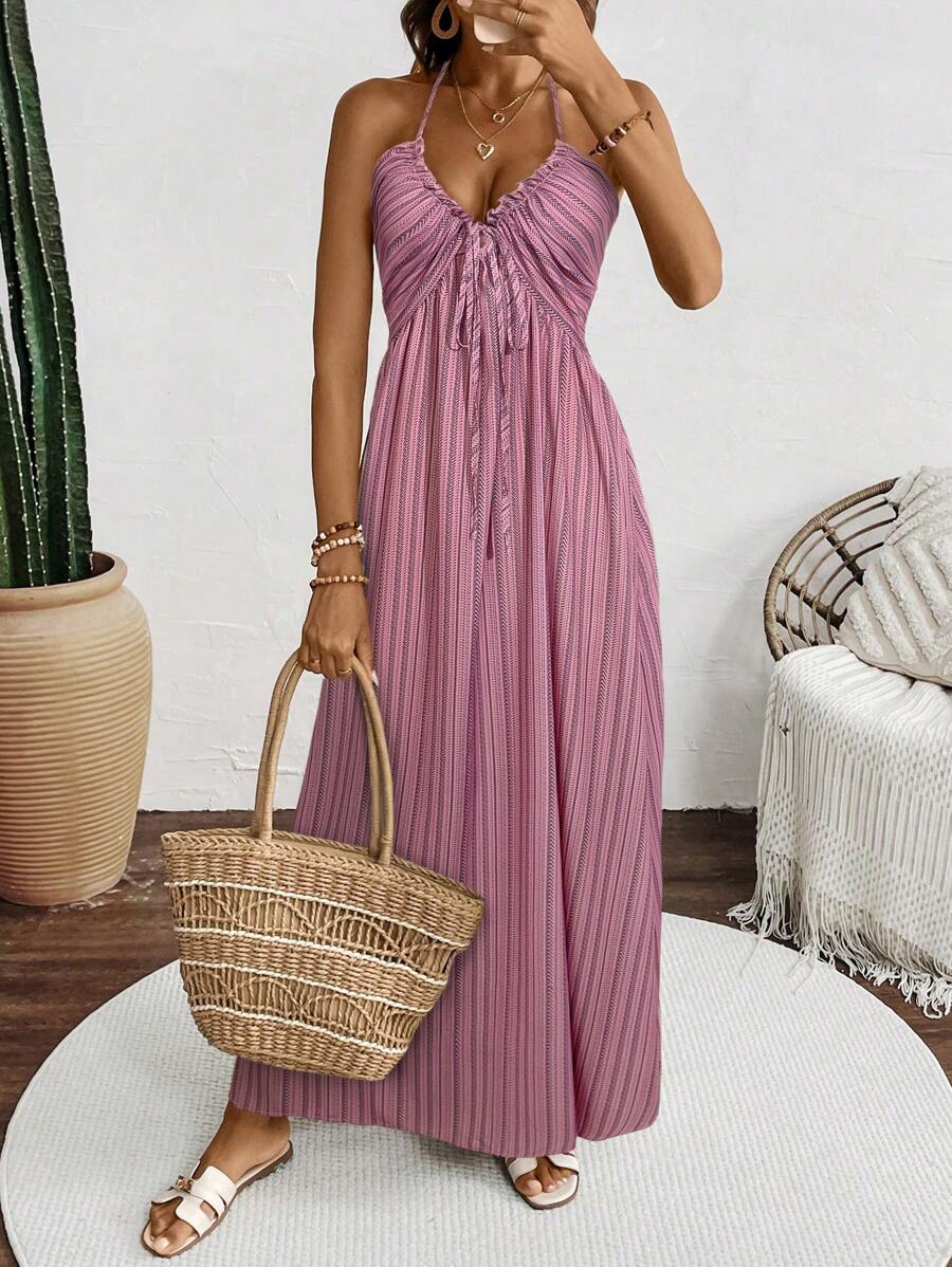 Breezaya Women's Full-Print Backless Sleeveless Halter Dress, Summer