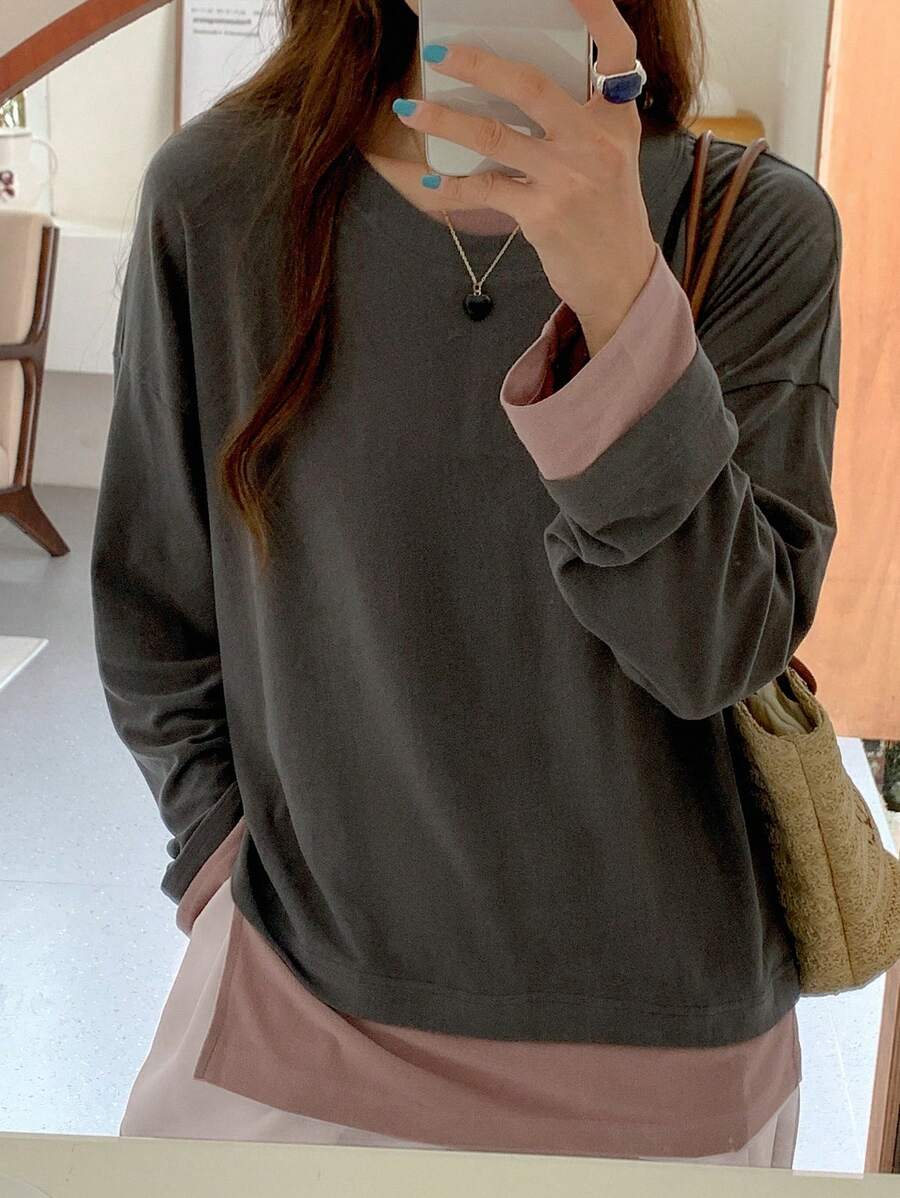 DAZY 1pc Women's Round Neck Long Sleeve 2 In 1 T-Shirt