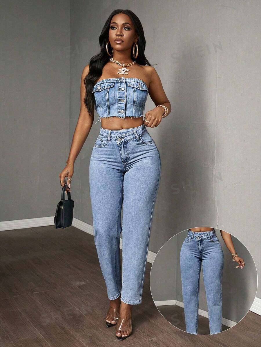 Slaydiva Jeans rectos con pernera entallada, parche de bolsillo y cintura asimétrica para mujeres