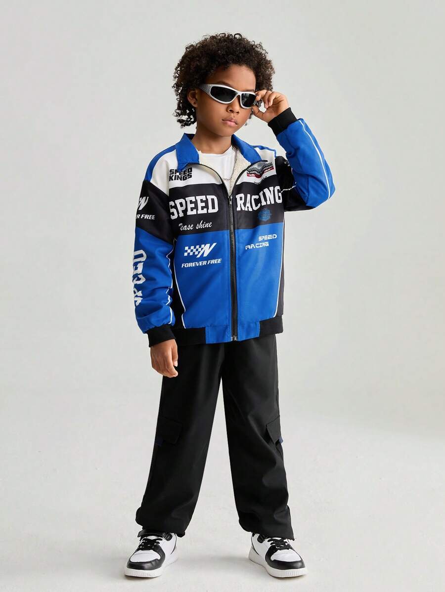 SHEIN Conjunto de 2 piezas para niños preadolescentes, chaqueta con bloques de color y pantalones cargo de moda