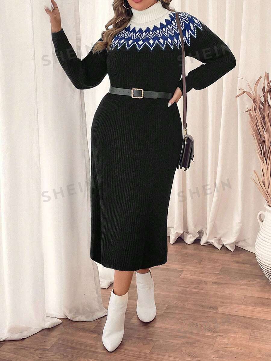 SHEIN LUNE Vestido de suéter manga larga holgado de cuello alto con patrón geométrico Fairisle negro para mujer talla grande, otoño invierno