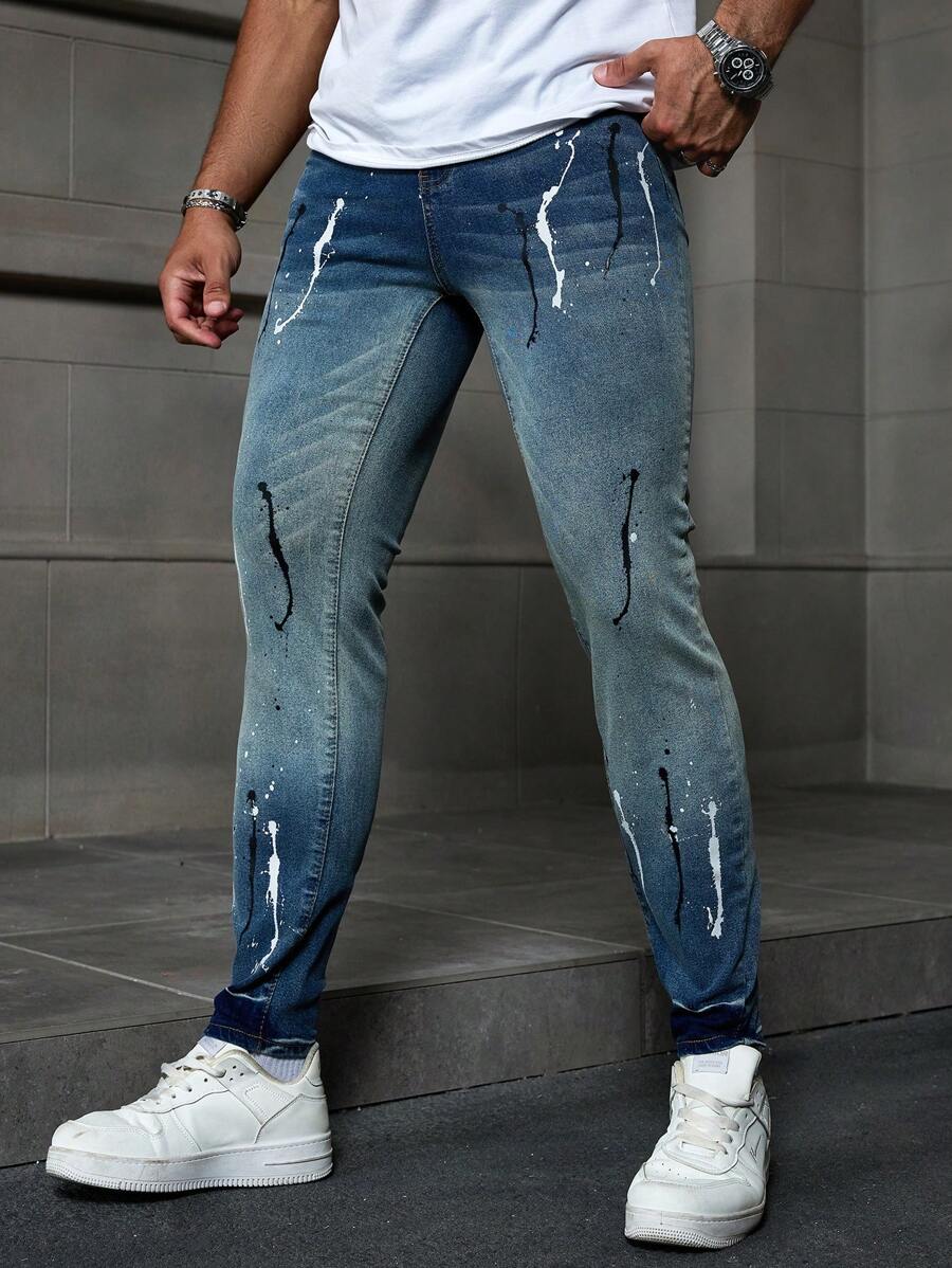 Manfinity EMRG Men's Dark Blue Washed Denim Skinny Jeans With Stretch