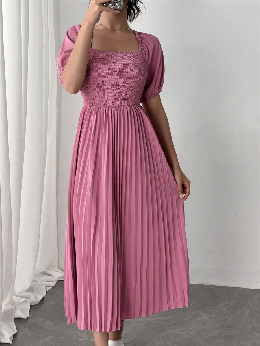SHEIN Unity Ladies' Fashion Solid Color Pleated Breast Shirred Off Shoulder Dress