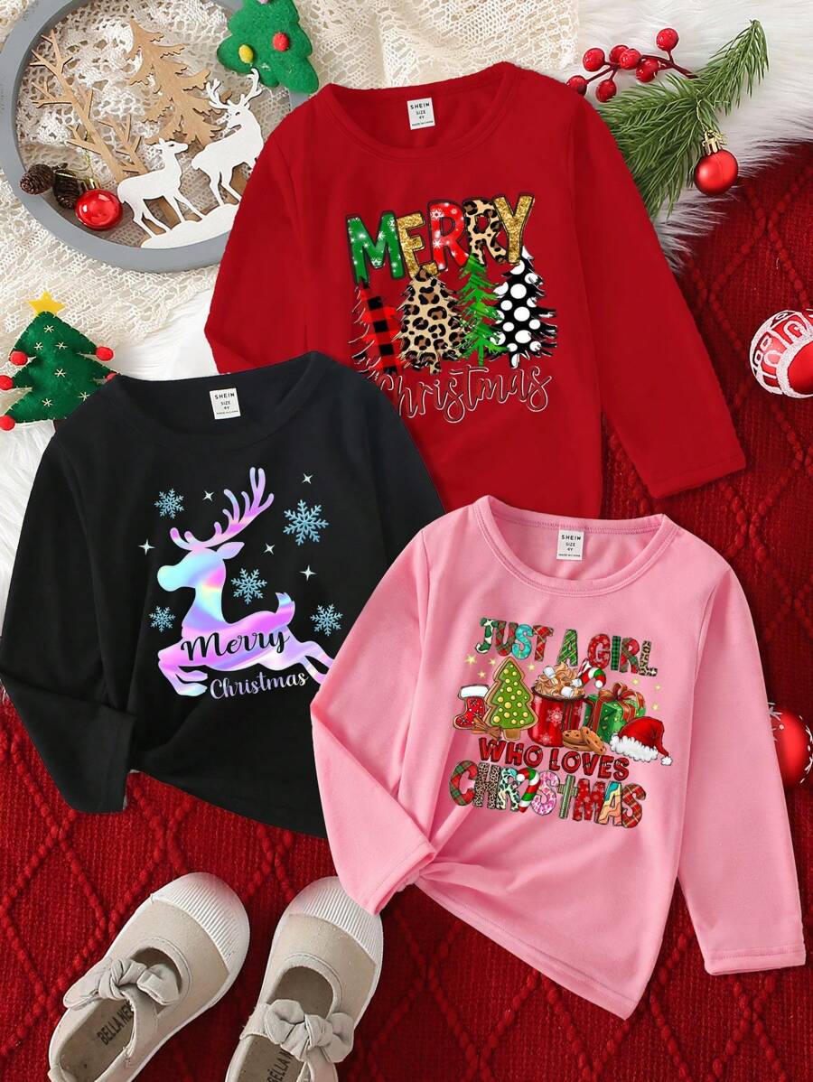 3pcs/Set Young Girl Christmas Casual Stylish Cartoon Reindeer, Christmas Tree & Slogan Print Round Neck Long Sleeve T-Shirts, Suitable For Christmas Party Sisterly Matching