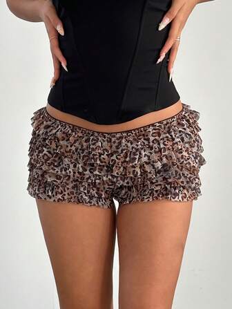 Aloruh Women's Fashion Colorblock Lace Trim Bow Leopard Print Mesh Layered Ruffle Hem Mini Shorts For Music Festival