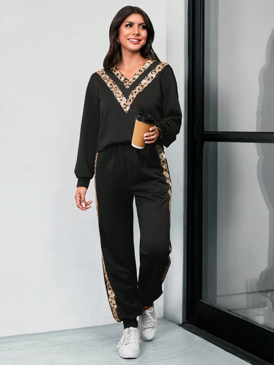 SHEIN LUNE Women Casual Leopard Contrast Color Sequin Oversized Sweatshirt And Sports Pants