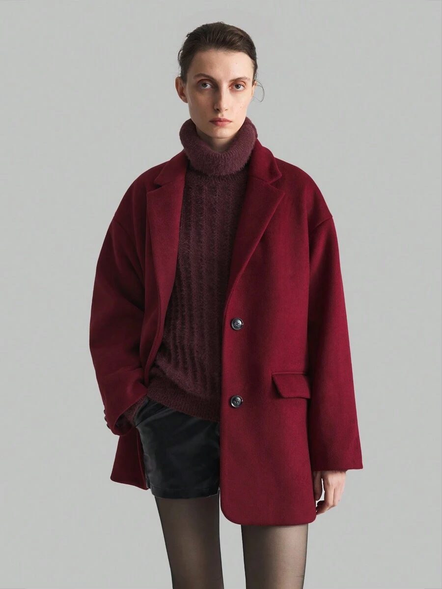 Ontre Spring 2025 New Angora Women Long Sleeve Loose Fit Black Button Decor Red Color Block Outerwear Jacket