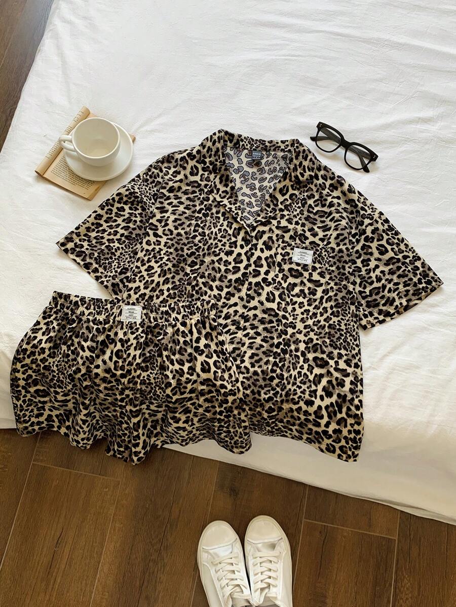 Comfortcana Plus Size Women Leopard Print Patch Short Sleeve Top And Shorts Suit, Spring/Summer,Holiday Outfits Animal Print Two Pieces Shorts Set Two Pieces Short Sets For Women