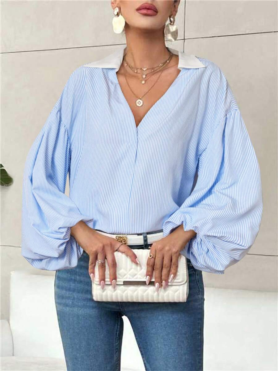 SHEIN Privé Women's Elegant Resort & Office Stylish Lantern Sleeve Button V-Neck Polka Dot Print White Shirt Old Money Quiet Luxury Fall Clothes Work Women Blouses Fall Blouses. White Collar Shirt