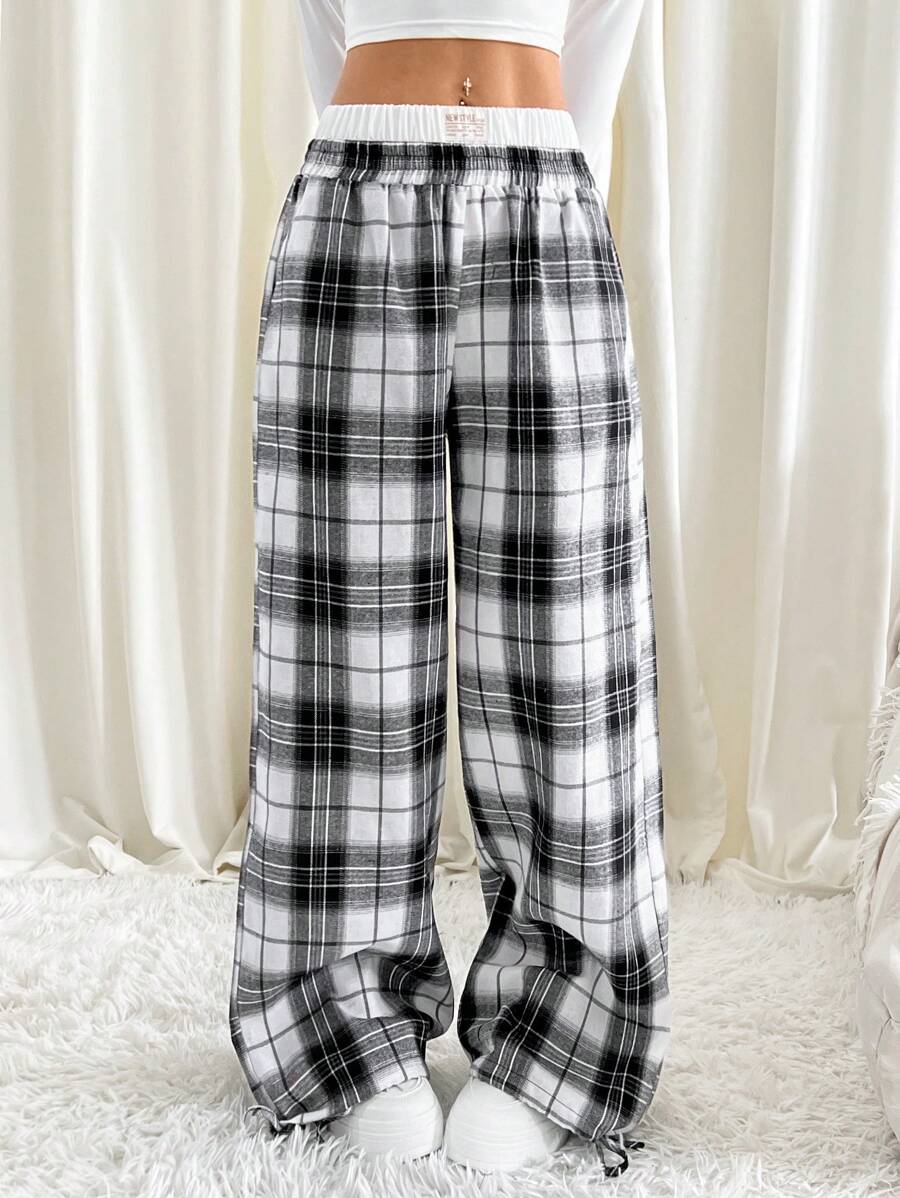 SHEIN EZwear Waist Patchwork Plaid Casual Pants, Autumn & Winter