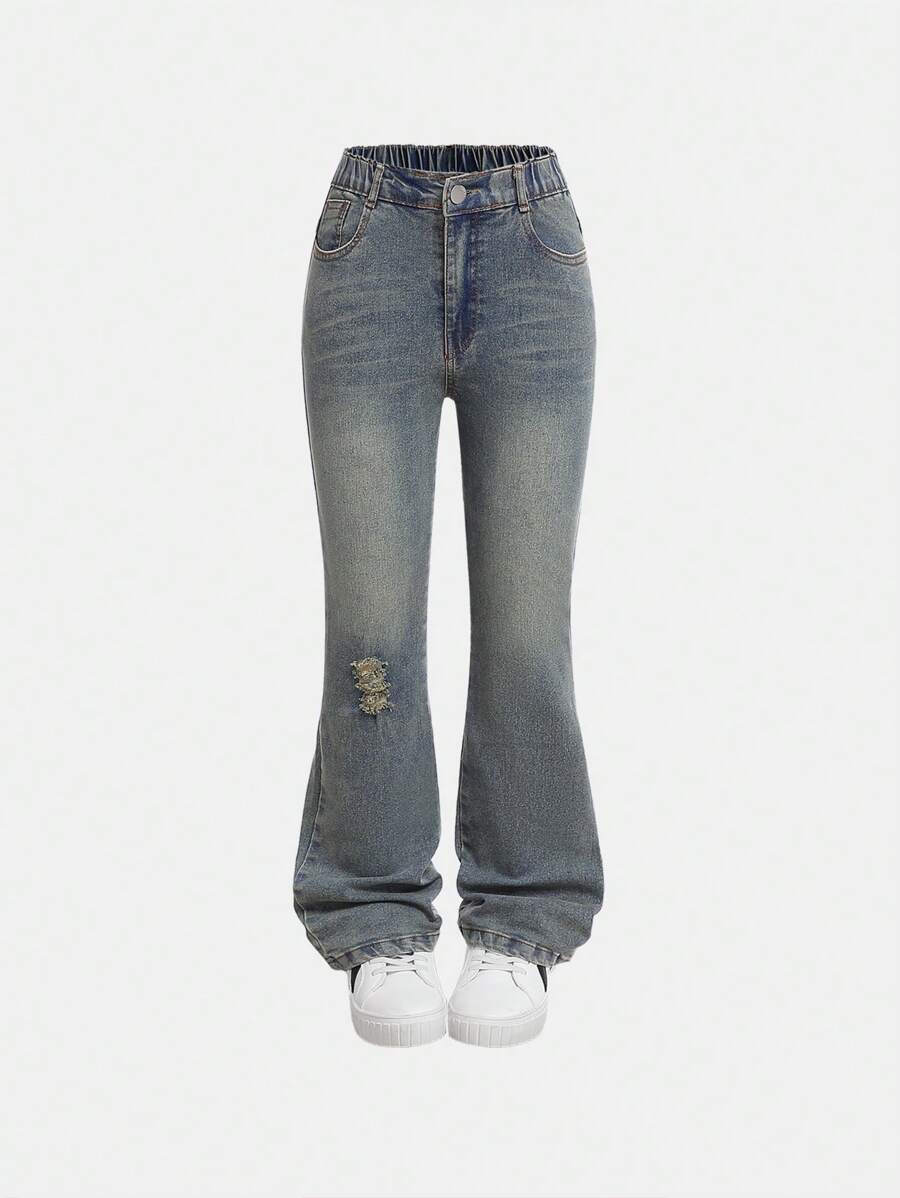 SHEIN Jeans acampanados con cintura elástica, lavado oscuro vintage bohemio urbano, con bolsillos planos, para niña preadolescente. Conjunto de vestimenta diaria