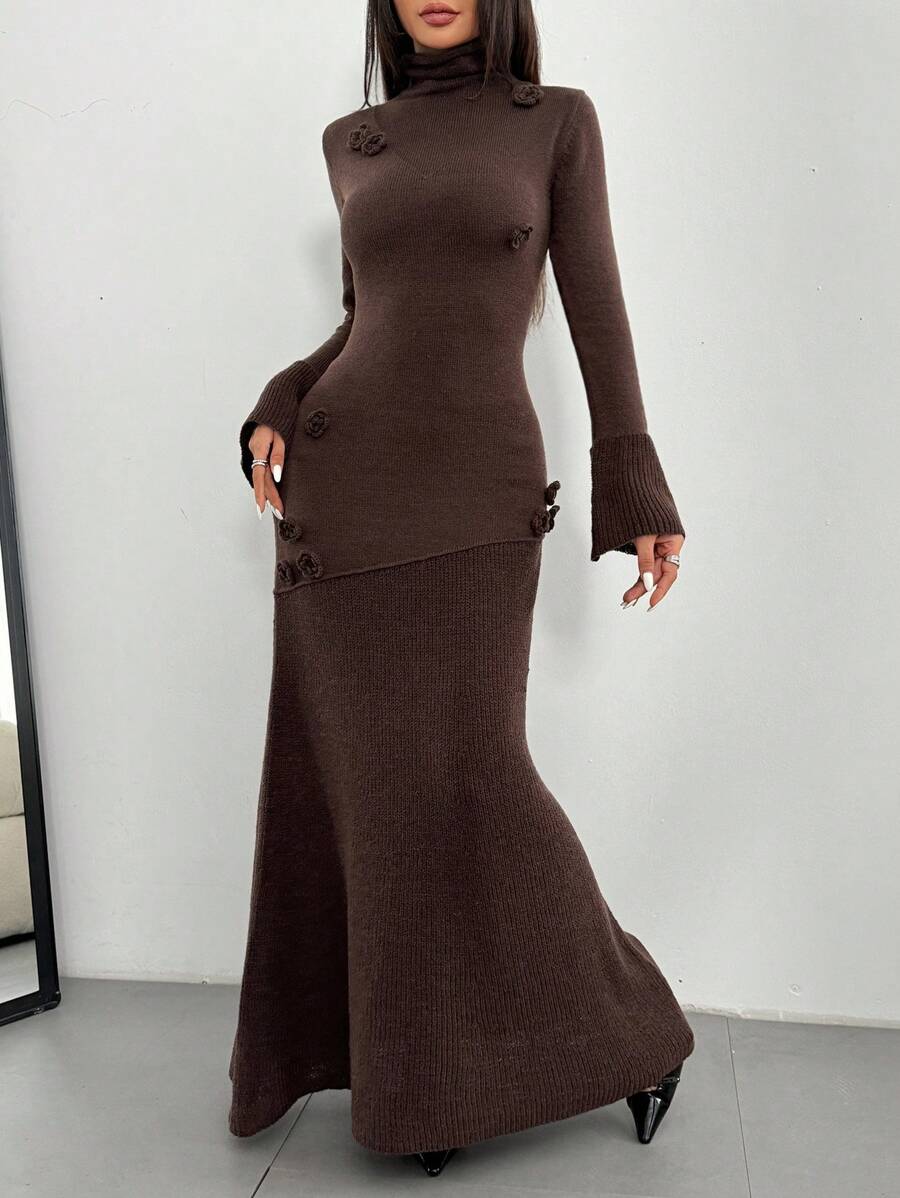 Calvaya High Neck Fitted Semi-Sheer 3D Floral Long Women's Sweater Dress