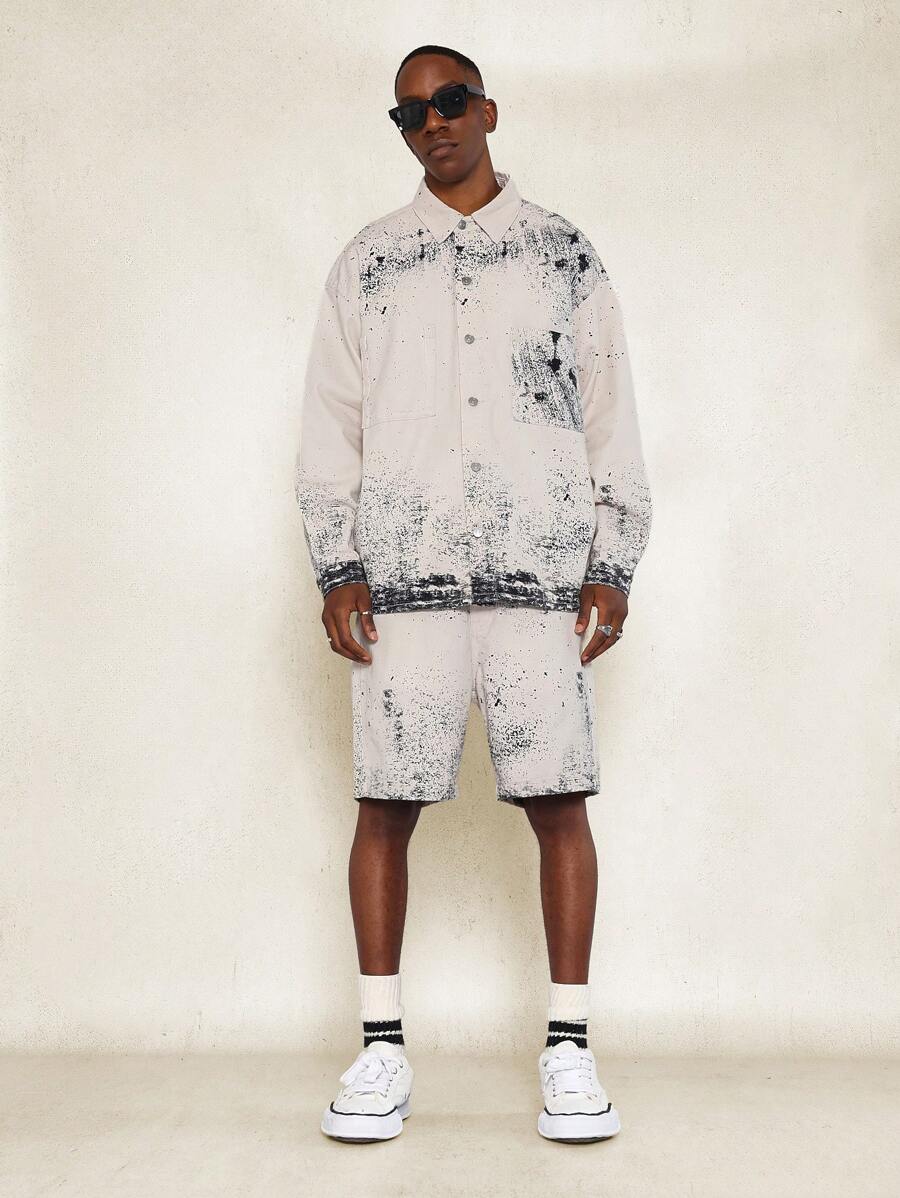 SUMWON Conjunto de 2 piezas con camisa de denim de twill impresa oversize y pantalón corto con detalle de bolsillo rasgado