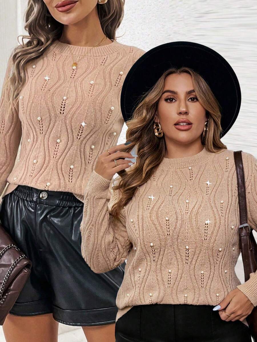 SHEIN Clasi Plus Size Women Beige Elegant Round Neck Hollow Out Crochet Pearl Decorative Pullover Sweater, Autumn
