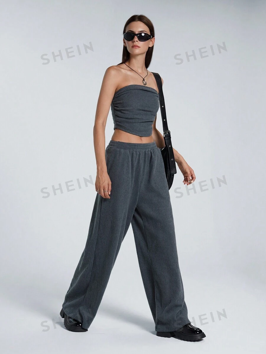 LYSMO 2 piezas Conjunto de blusa sin espalda de top tubo y pantalones casuales de pierna recta para mujeres
