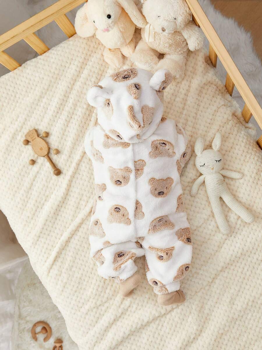 SHEIN Newborn Baby Boy Cute Cartoon Hooded Plush Jumpsuit Suitable For Autumn And Winter Home & Outdoor Wear