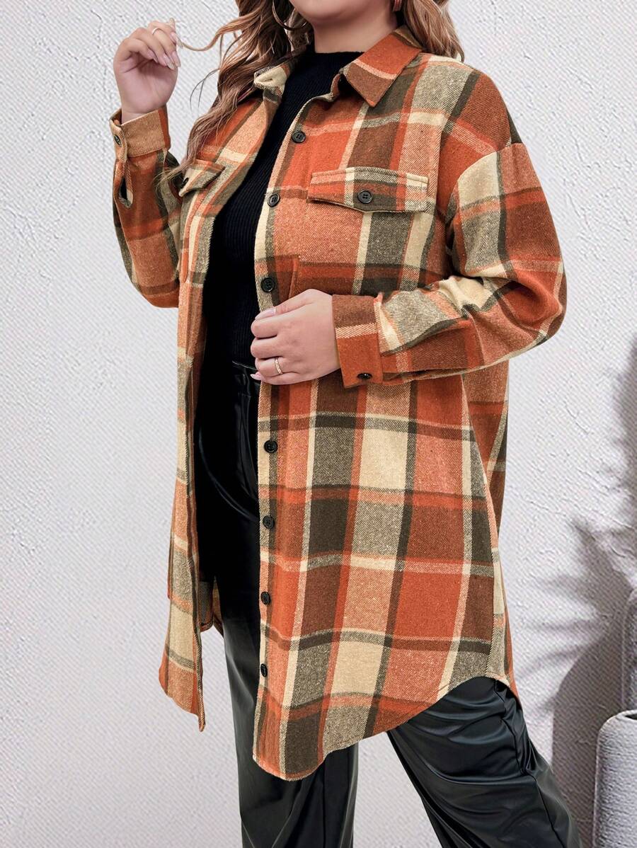 SHEIN LUNE Plus Size Women Plaid Print Front Button Pocket Long Sleeve Dress, Fall Clothes