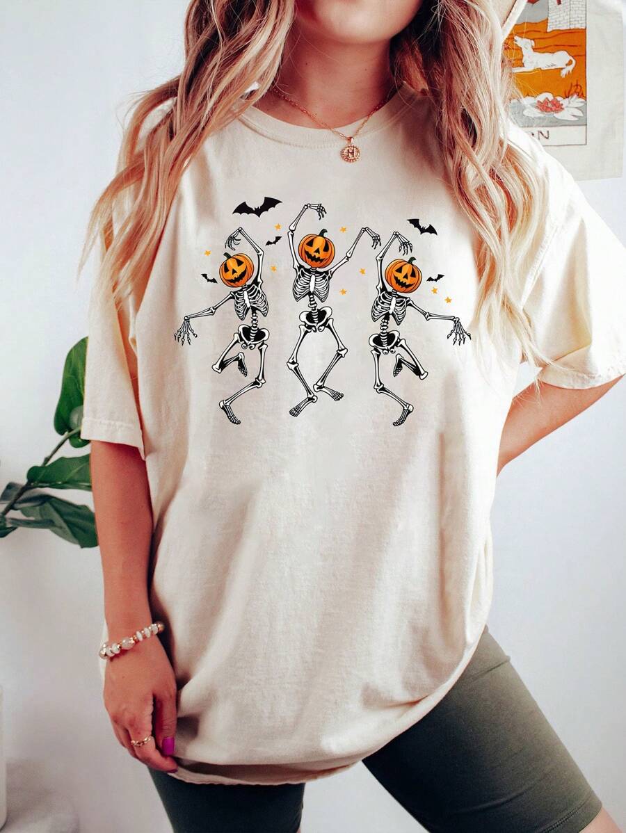 INAWLY T-shirt avec imprimé tête de mort citrouille pour femme, Halloween