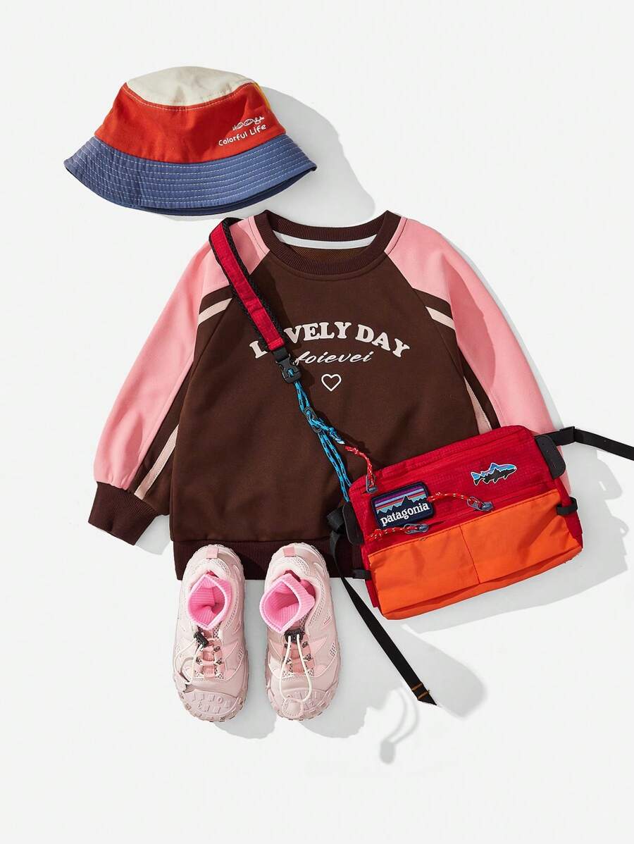 SHEIN Ropa casual de estilo al aire libre para niñas pequeñas en otoño, sudadera con bloques de color, mangas de contraste y estampados gráficos, adecuada para juegos al aire libre y uso casual diario en la ciudad