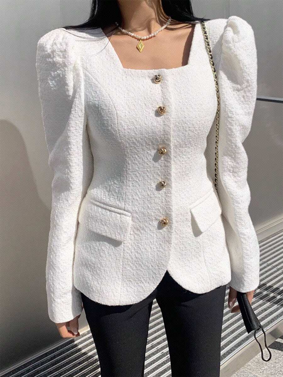 DAZY Women's Solid Square Collar Button Front Long Sleeve Elegant Jacket