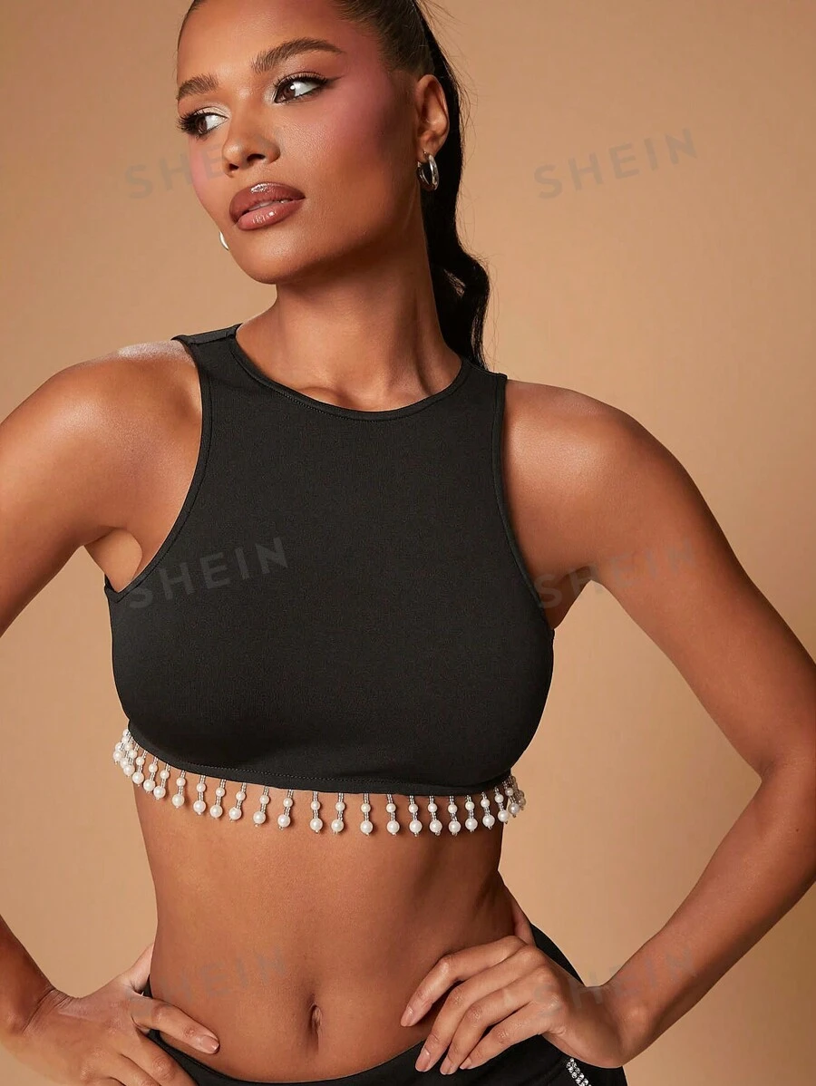 SHEIN Haute Top sin mangas con adorno de flecos para mujer