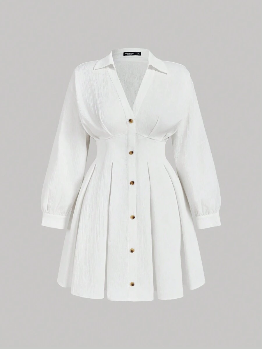 SHEIN MOD Plus Size White Holiday Front Button V-Neck Ruched Dress,White V-Neck Pleated Shirt Dress With Front Buttons